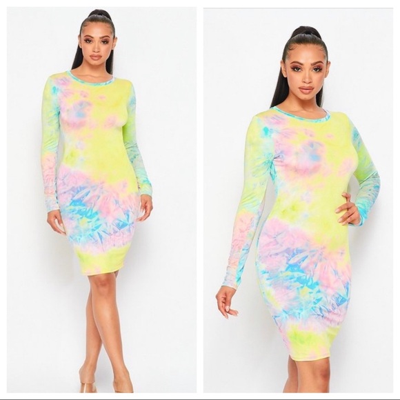 J.ELISE BOUTIQUE MULTI COLOR NEON PASTEL Long Sleeve Tie Dye Midi Dress - Picture 1 of 7